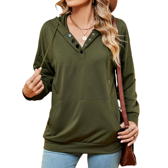 Autumn Winter Solid Color Buttons Drawstring Pocket Loose Long Sleeve Sweatershirt Women