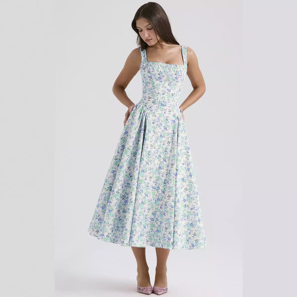 Summer Floral Bohemian Waist Tight Slim Backless Vacation Sling Mid Length Dress