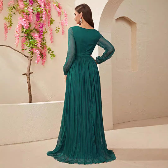 Dress Long Sleeve Chiffon V neck Slit Dress Waist Controlled Lace up Pleated Maxi Dress