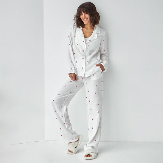 Autumn Purple Heart Printing White Cotton Pajamas Two Piece Set Casual Comfortable Ladies Homewear