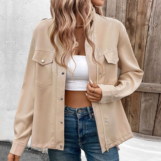 Fall Women Clothing Stand Collar Solid Color Jacket Coat Women