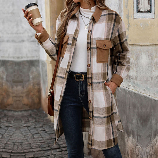 Autumn Winter Women Brushed Plaid Long Coat for Women