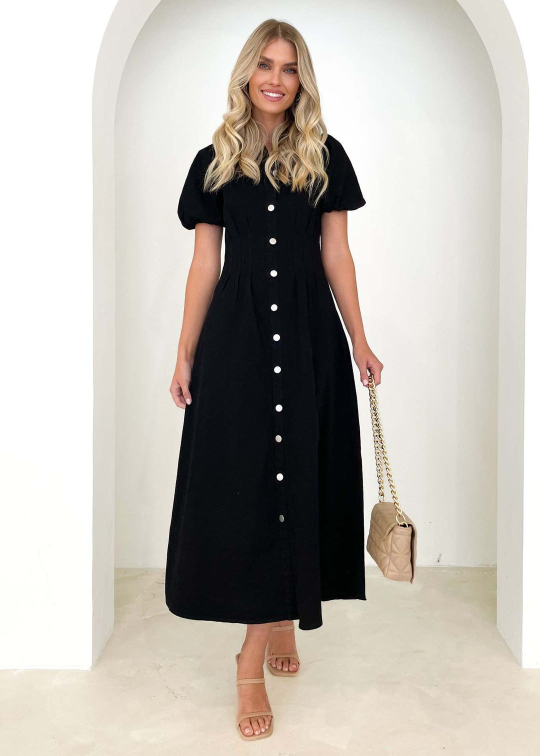 Women  Clothing Summer Solid Color Casual High Waist Collared Breasted Dress for Women