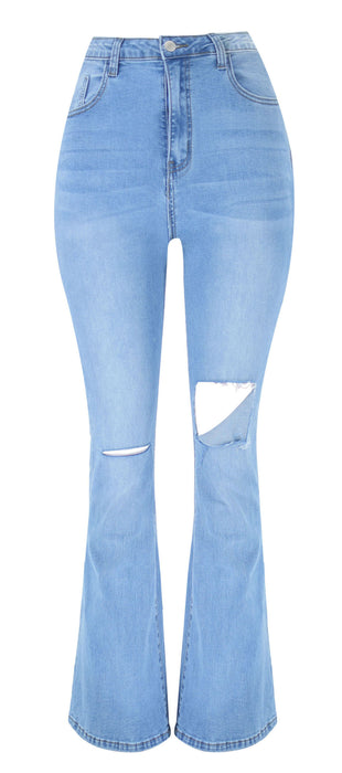Women Clothing  High Waist Stretch Comfortable Slimming Slightly Flared Denim Trousers Knee Ripped Street Easy to Wear