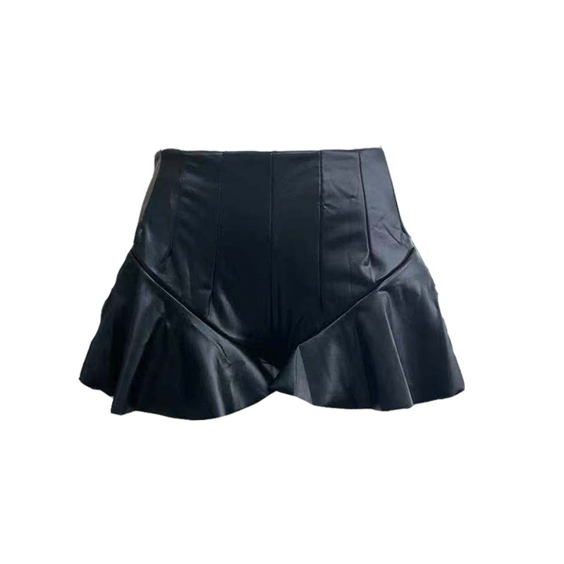Faux Leather Casual Pants Pleated Pants Skirt Sheath A- line Shorts Leather Skirt Ruffled Small Leather Pants