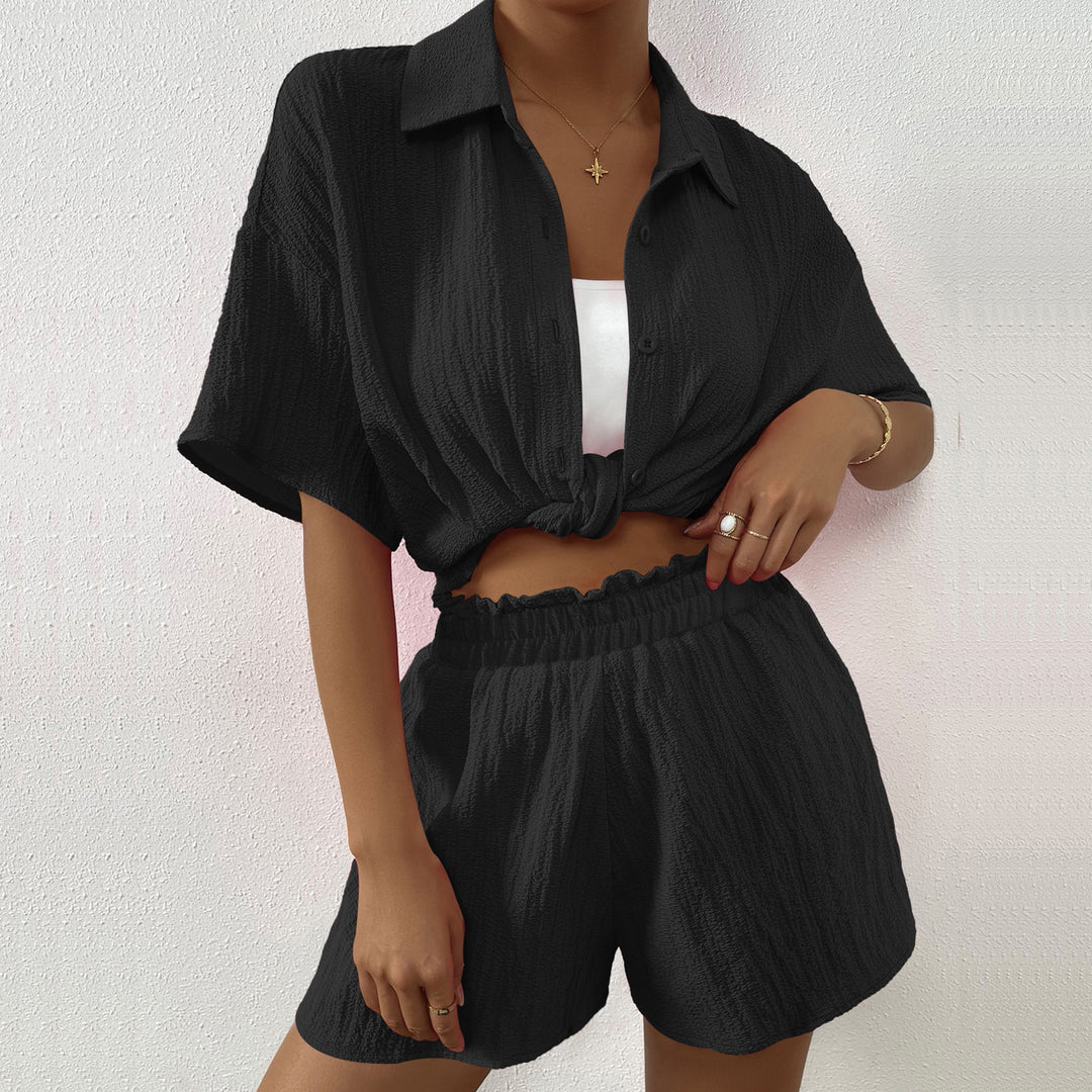 Spring Summer Ladies Home Casual Suit Collared Button Cardigan Short Sleeve Shorts Two Piece Set Women