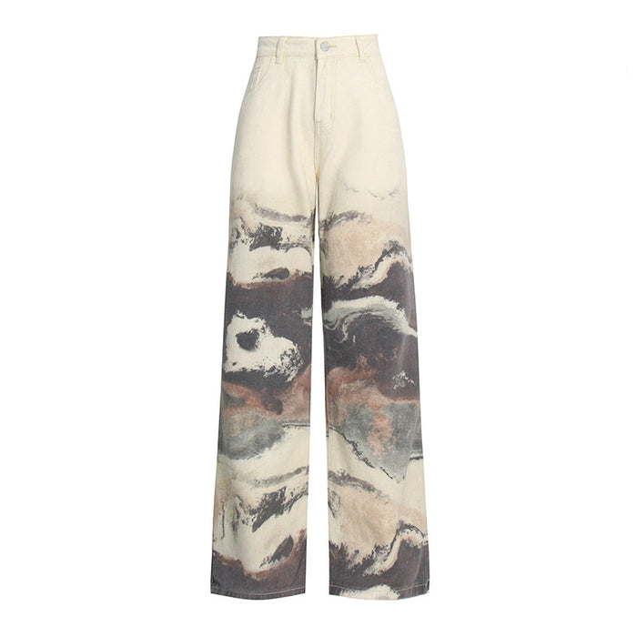 Blooming Ink Painting Color Contrast Patchwork Trousers Autumn High Waist Straight Casual All Matching Jeans