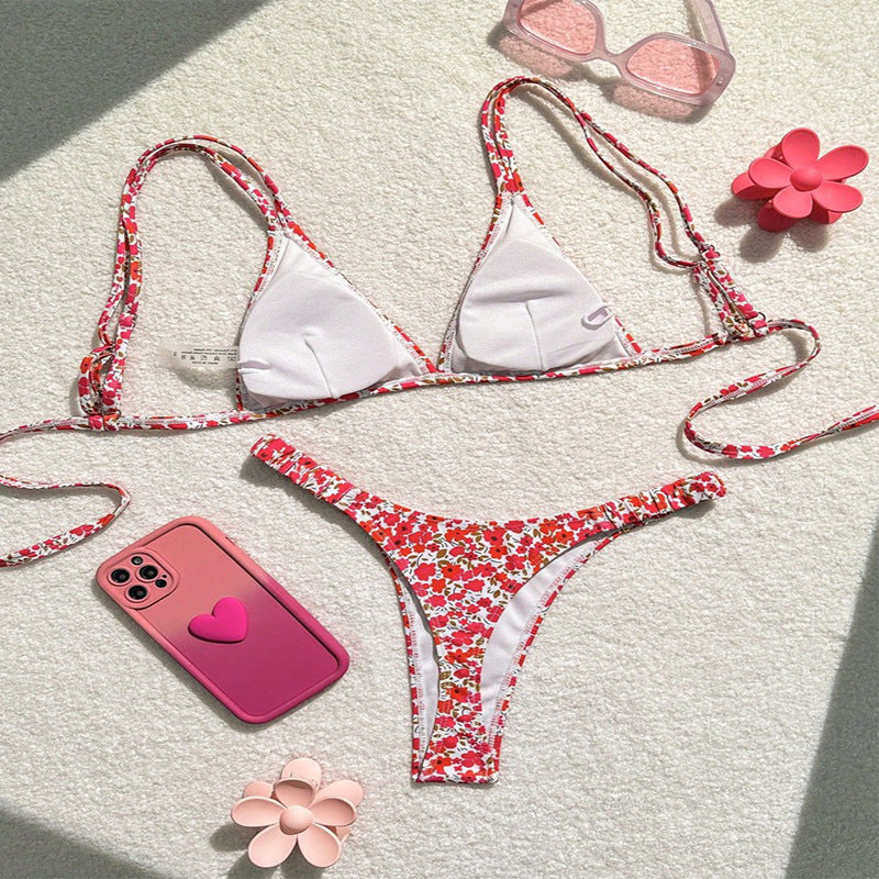 Floral Tie Neck Bikini Sexy Split Swimsuit Women Beach Spring Swimsuit Bikini