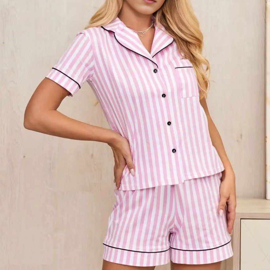 Knitted Striped Printed Pink Pajamas Women Short Sleeved Shorts Two Piece Set Spring Homewear