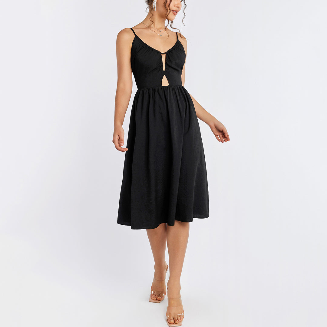 Sling Swing Dress Sexy Hollow Out Cutout Backless U Neck Pleated A line Midi Dress