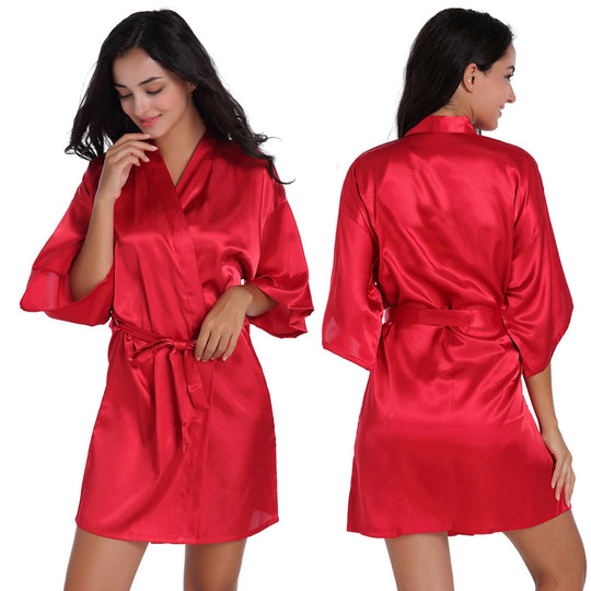 Ladies Robe Artificial Silk Satin Kimono Gown Glossy Solid Color Thin Cardigan Gown Summer Sexy Short Bathrobe