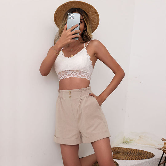 Summer Loose Wide-Leg Pants Women Solid Color Cotton Linen Shorts