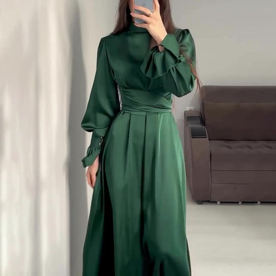 Autumn Long Sleeve Waist Puff Sleeve Green Dress