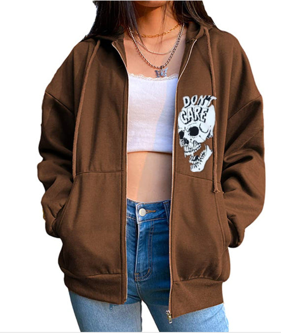 Spring Autumn Casual Hoodie Halloween Skull Print Pullover Double Hooded Top Women