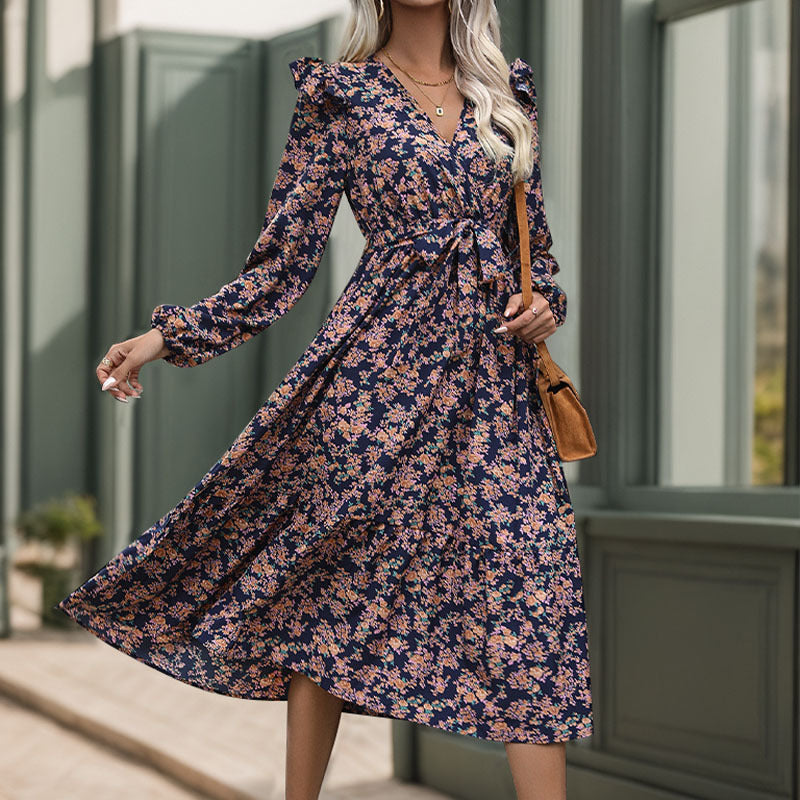 Fall Women Clothing Ruffled Long Sleeve Printed V neck Dress