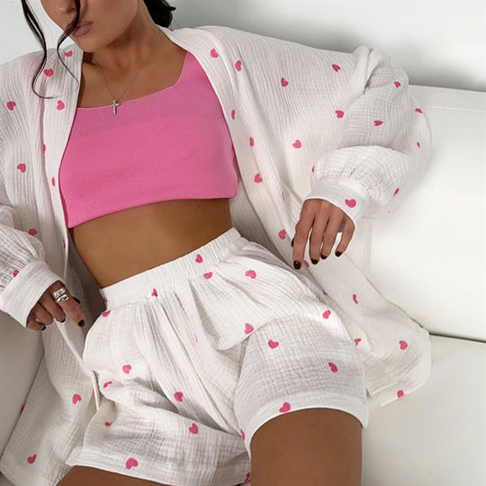 Artificial Silk Heart Printing Lace up Shorts Pajamas Suit Comfortable Breathable Ladies Homewear