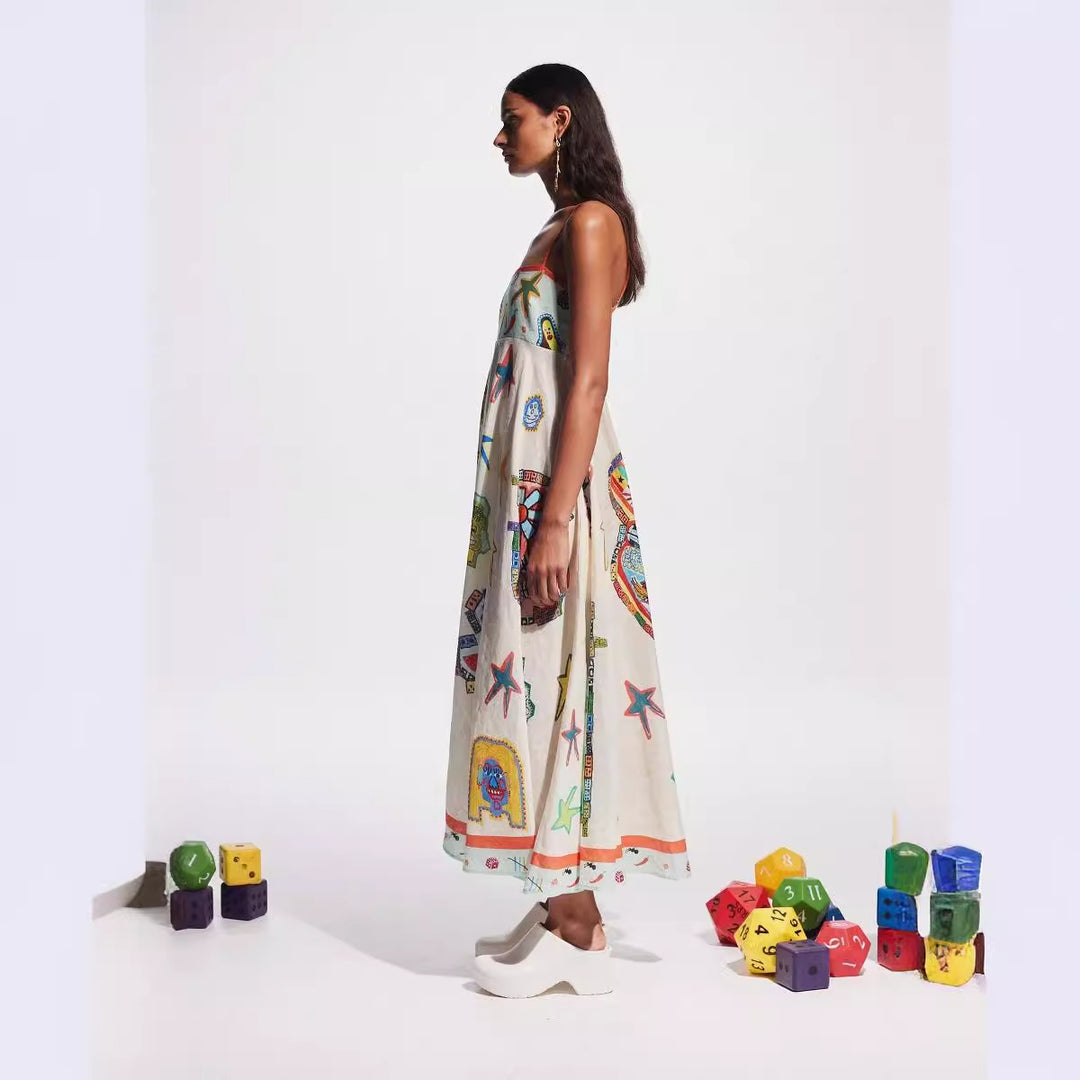 Sexy Graffiti Cotton Linen Printing Positioning Sling Swing Dress