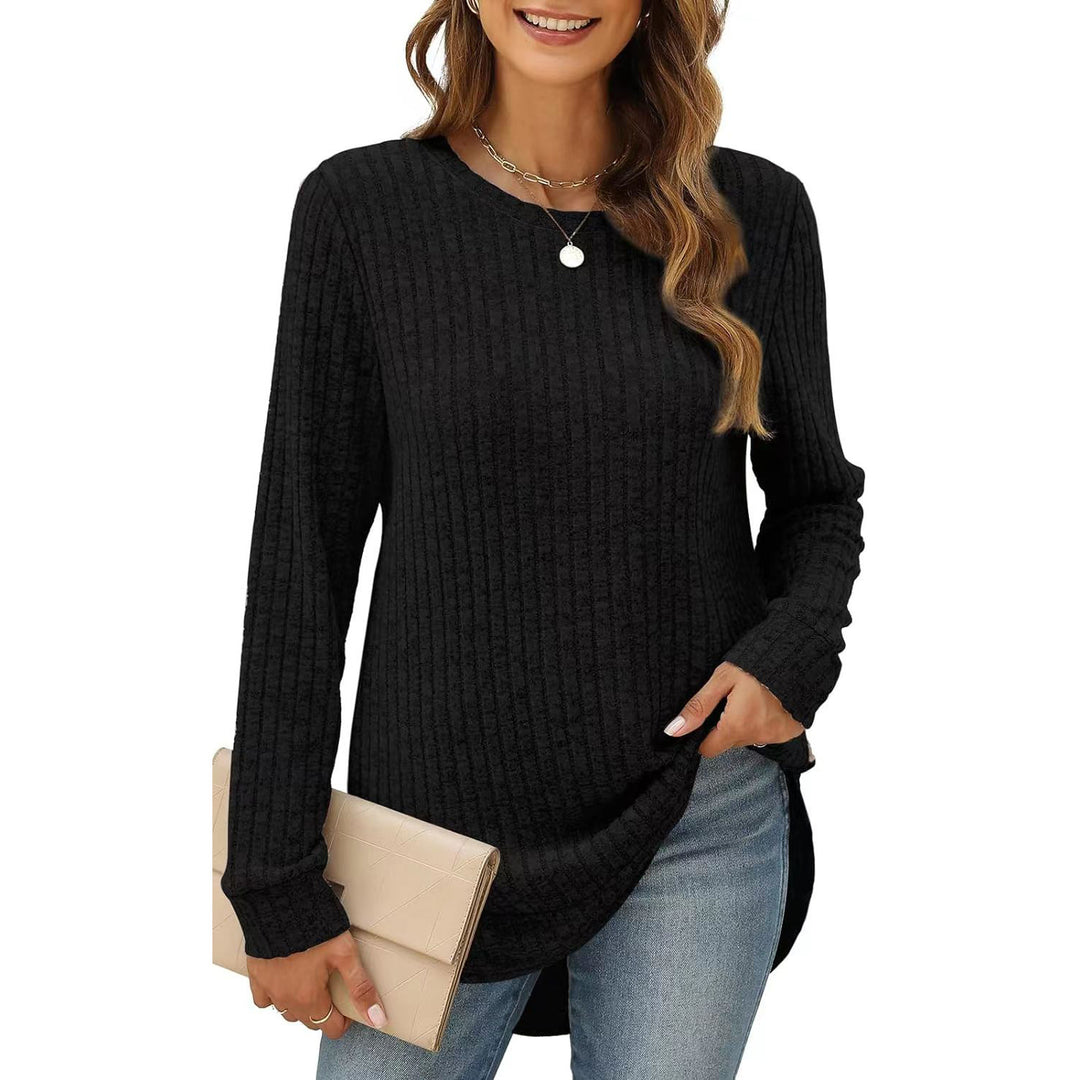 Autumn Winter Solid Color Round Neck Long Sleeve Brushed Loose Fitting T Shirt Top Women