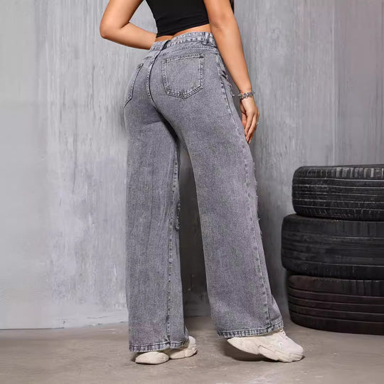 Women Straight Leg Pants Denim with Hole Washed Worn Street Slimming Casual Years Spring Summer