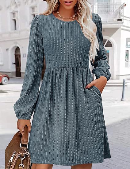 Women Clothing Round Neck Pocket Knitted Sweater Long Sleeve A Line Dress