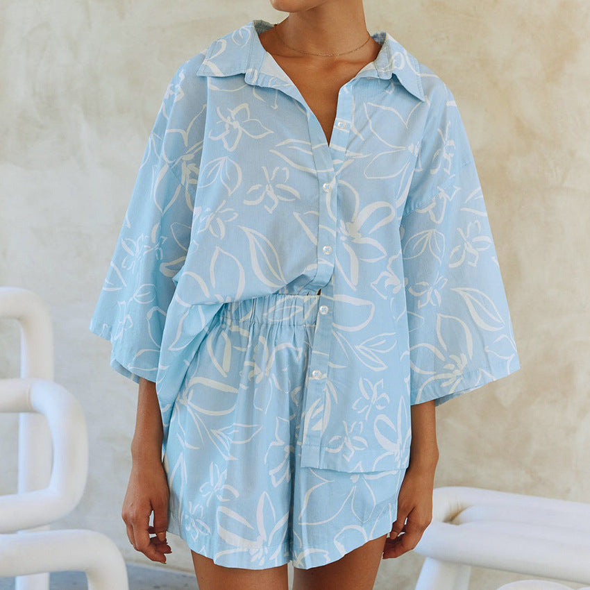 Summer Printed Loose Lapels Thin Comfortable Short Sleeved Shorts Pajamas Two Piece Home Wear