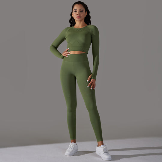 Seamless Knitted Solid Color Hip Long Sleeve Yoga Pants Suit Sports Running Fitness Clothes