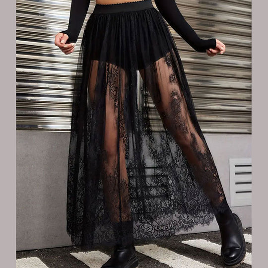 Women Clothing Summer Dark Gothic Lace See through Sexy Skirt Maxi Dress