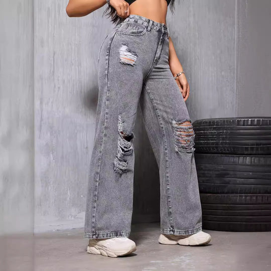 Women Straight Leg Pants Denim with Hole Washed Worn Street Slimming Casual Years Spring Summer