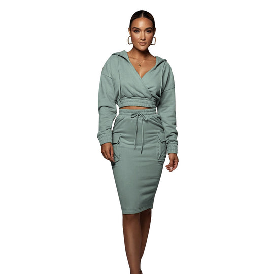 Autumn Winter Solid Color V-neck Hooded Hip Wrapped Mid Length Skirt Women Urban Casual Long Sleeve Sweatshirt Suit
