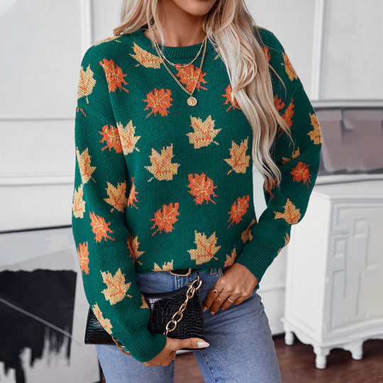 Autumn Winter Sweater Women Maple Leaf Pattern Jacquard Casual Pullover Sweater Women Clothing