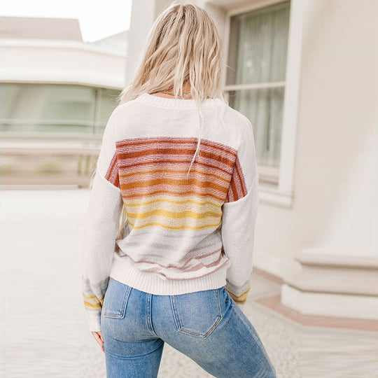 Autumn Pullover Crew Neck Sweater Women Casual Mixed Color Stripe Printing Thermal Long Sleeve Top Women