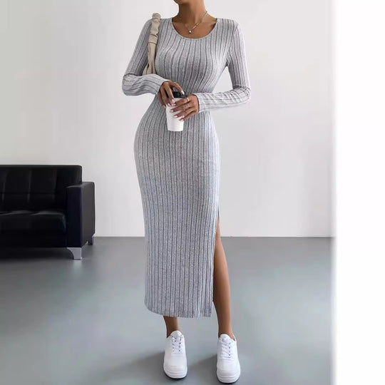 Autumn Winter Long Sleeve Crew Neck Split Knitted Maxi Dress Women