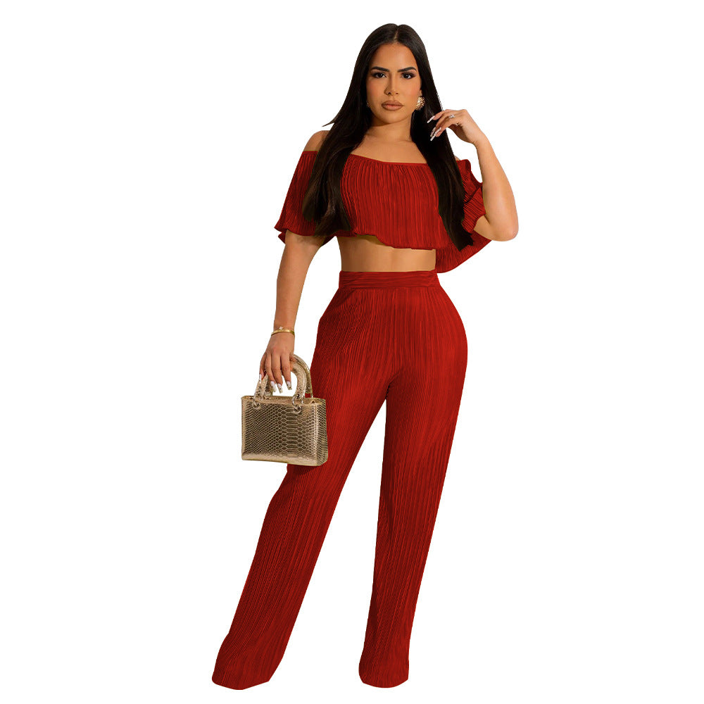 Women Clothing Popular Pleated Ruffled Off Shoulder Wide Leg Pants Suit