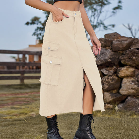 Women Clothing Sexy Elastic Waist Denim Cargo Pants Casual Midi Dress Skirt