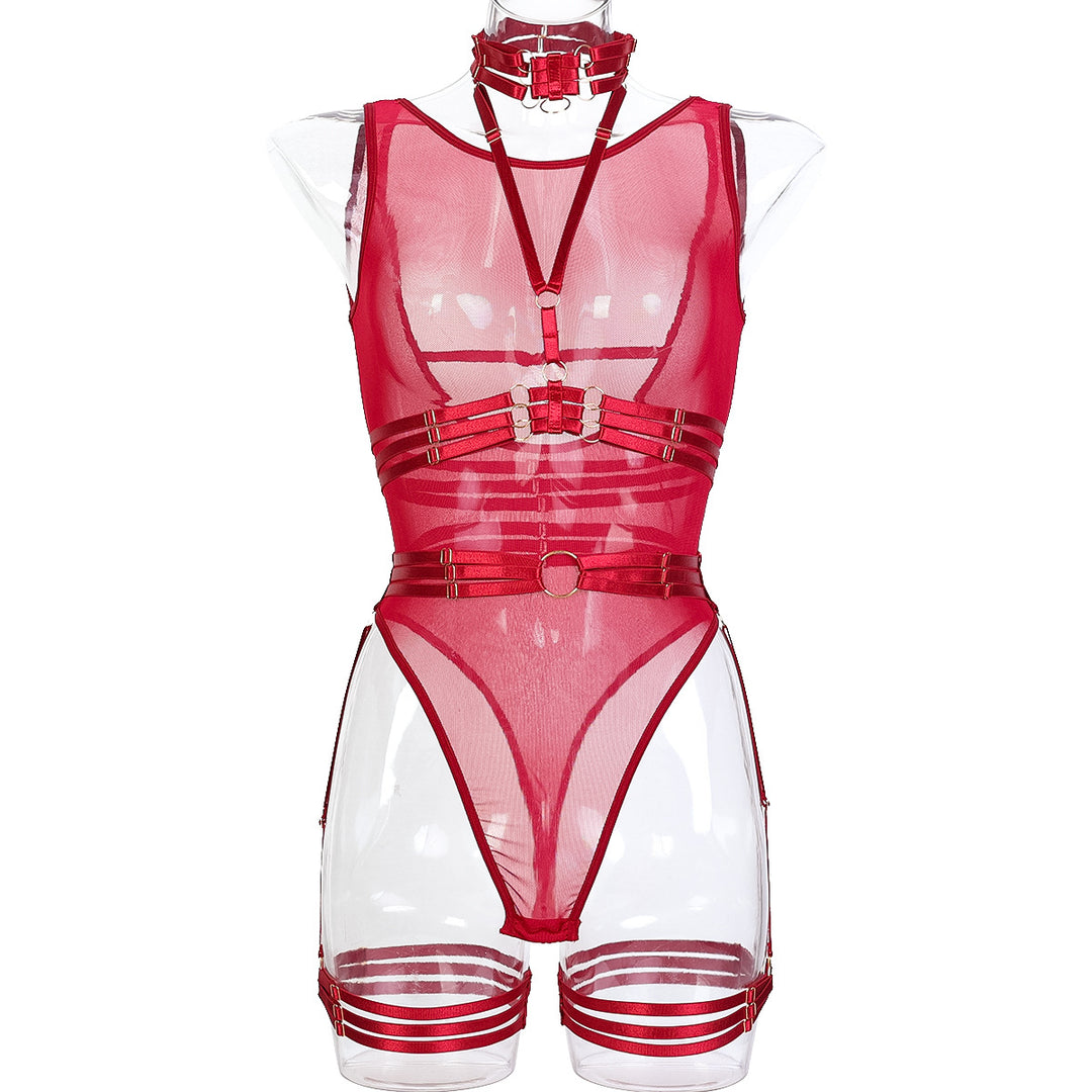 Sexy Jumpsuit Mesh Strap Stitching Complex Heavy Craft Neck Sling Leg Ring