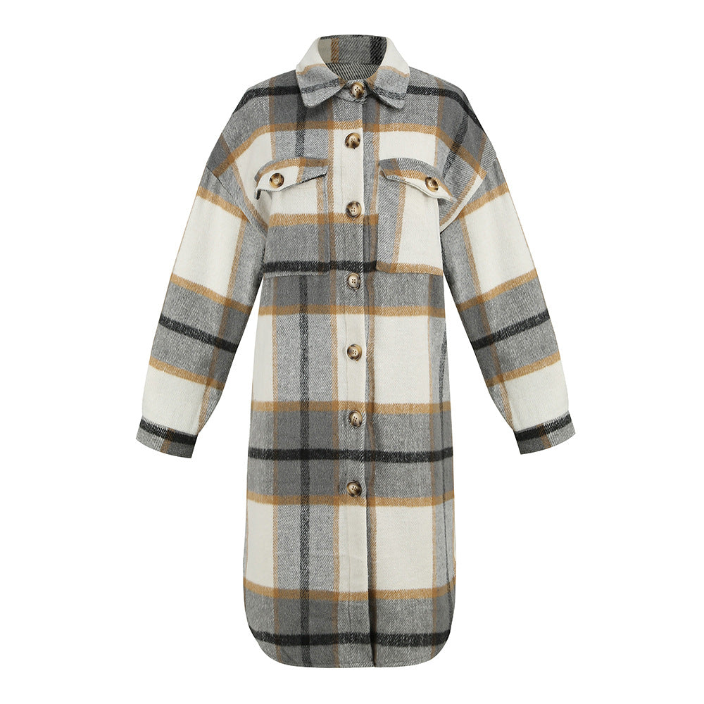 Winter Women Clothing Plaid Brushed Woolen Long Blouse