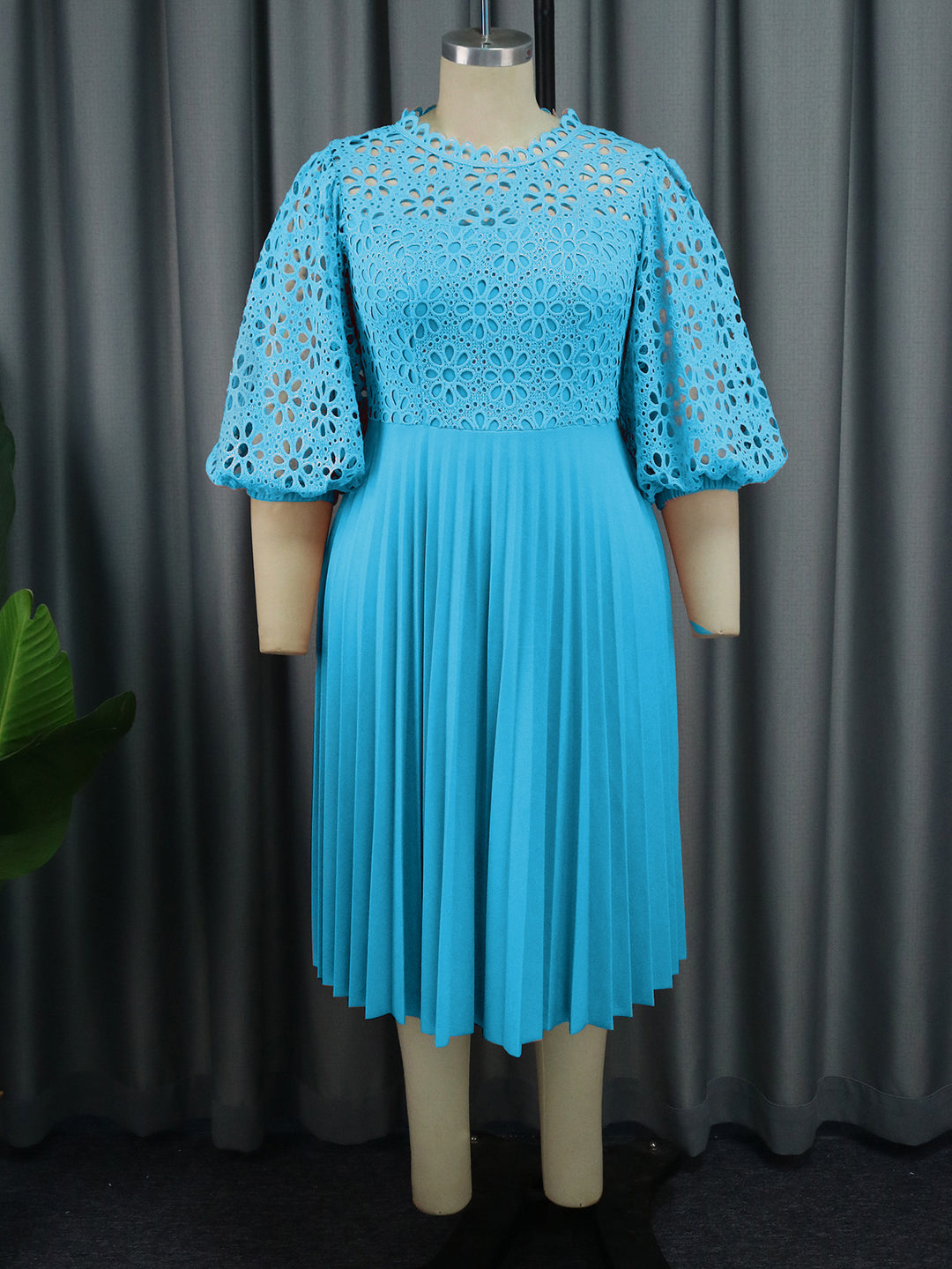 Lace Lantern Sleeve Dress Elegant Office Pleated Dresses