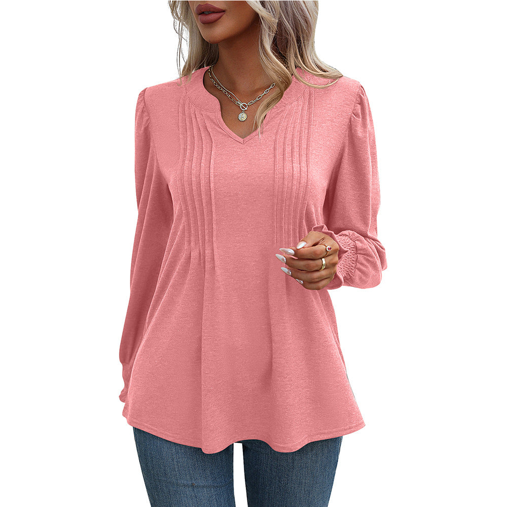 Autumn Women Clothing Solid Color Casual Top Puff Sleeve Smocking V Neck Long Sleeve T Shirt