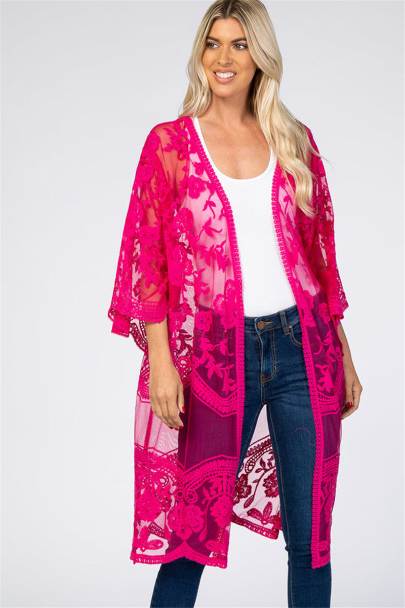 Lace Mesh Embroidered Beach Cover up Sexy Cardigan Sunscreen Beach