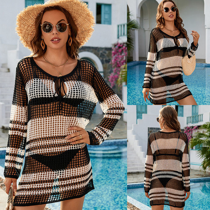 Hollow Out Cutout Knitted Long Sleeve Sexy Sun Protection Shirt Bikini Swimsuit Outwear Pullover Beach Cover up