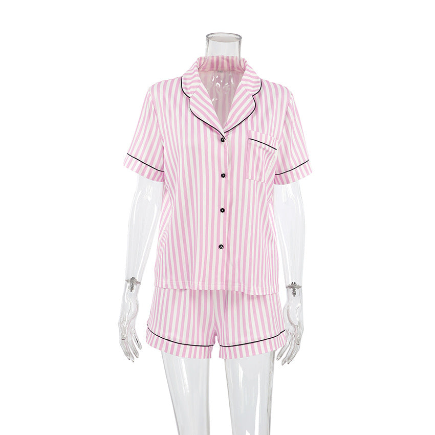 Knitted Striped Printed Pink Pajamas Women Short Sleeved Shorts Two Piece Set Spring Homewear