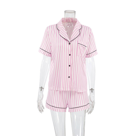 Knitted Striped Printed Pink Pajamas Women Short Sleeved Shorts Two Piece Set Spring Homewear