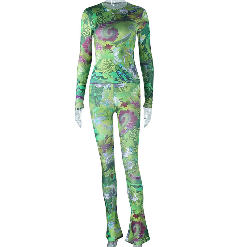 Body Hugging Suit Digital Printed round Neck Short Top High Waist Hip Lift Leggings Two Piece Set