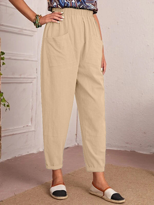 Four Seasons Cotton Linen Cropped Pants Elastic Waist Casual Pants Diagonal Pocket Skinny Pants Women