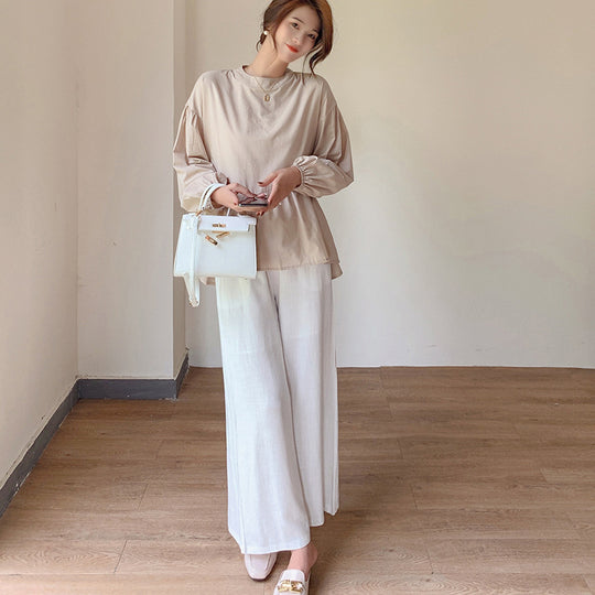 Spring Summer Women Wide Leg Pants Elastic Waist Linen Cotton Straight Flare Pants Trousers for Women