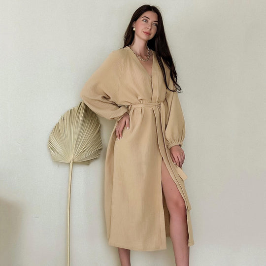 French Comfort Casual Double Layer Crepe Pajamas Cotton Puff Sleeve Stomach Blanket Skirt Women Confinement Clothing Can Be Outerwear Homewear