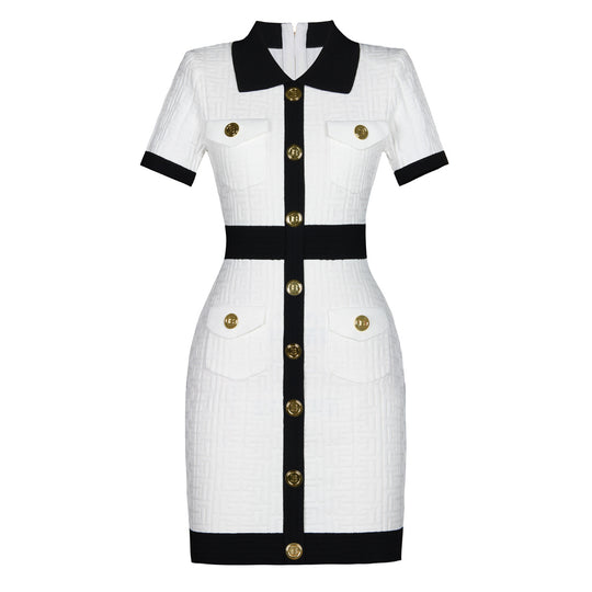 Summer Collared Dress Swastika Pattern Cinched Slimming Short Sleeves Knitted Dress Women