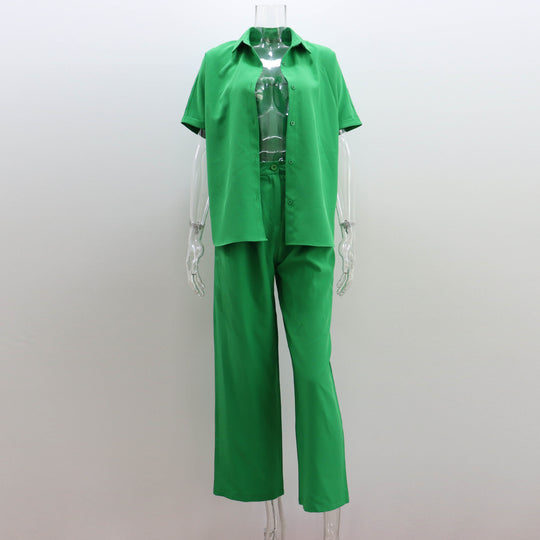 Wide Leg Pants Suit Spring Summer Loose Sleeve Shirt Top Casual Trousers Two Piece Women Clothing