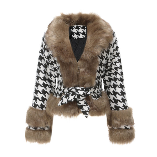 Women Autumn Winter Plaid Coat Detachable Short Fur Collar Tops Houndstooth