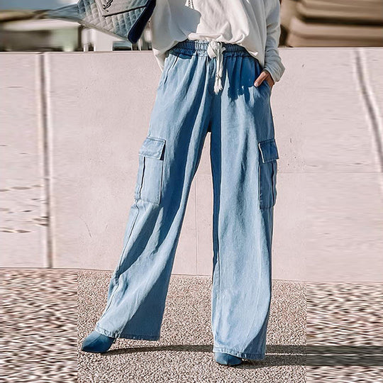 Spring Summer Solid Color High Waist Multi Pocket Jeans Women Casual Wind Drape Mop Wide Leg Pants